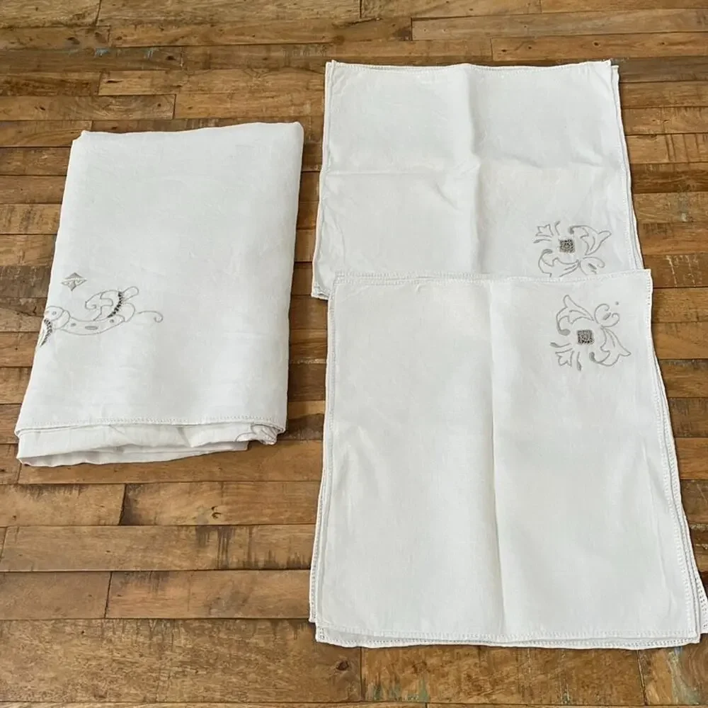 Vtg 1 Tablecloth & 10 Napkins Off-white Linen Taupe Embroidered Openwork Madeira